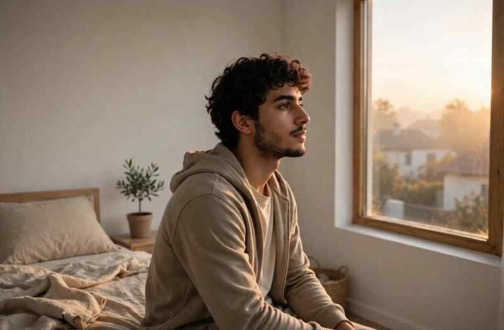 شاب يشعر بالاكتئاب يجلس وحيدا في غرفة نومه