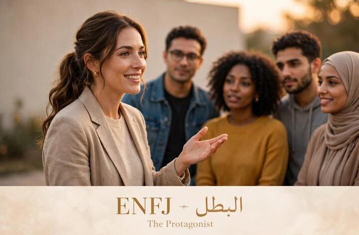 صورة تعبر عن نمط شخصية ENFJ البطل - The Protagonist وهي تقود مجموعة بثقة وإلهام