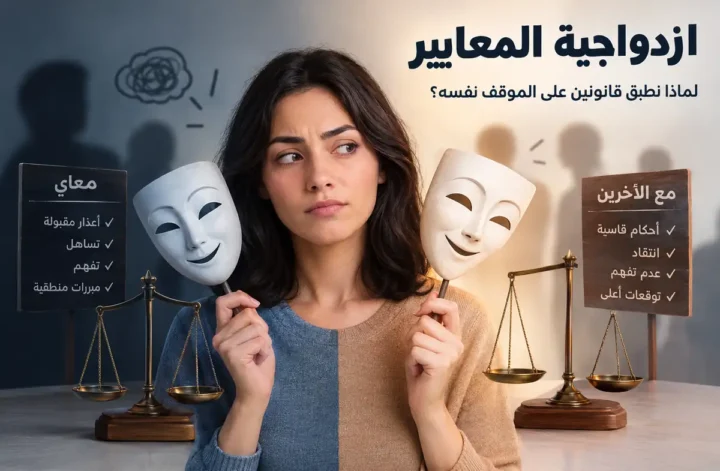 ازدواجية المعايير في علم النفس - امرأة تحمل قناعين بمعيارين مختلفين