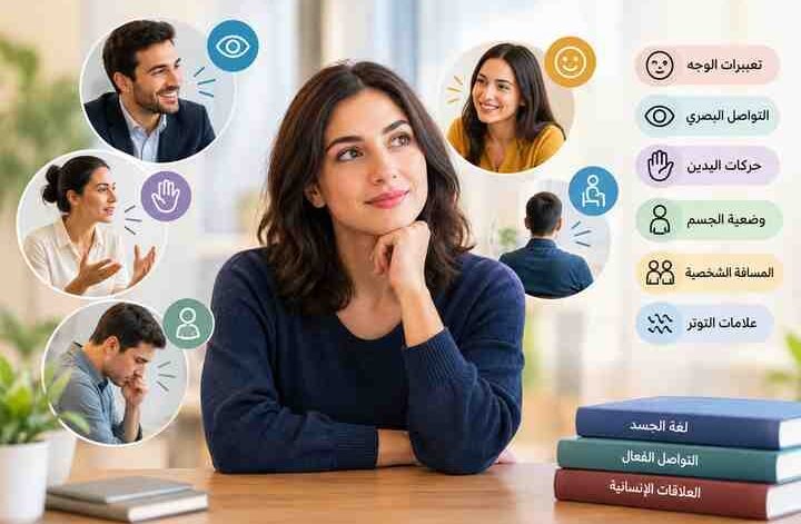 امرأة تفكر في عناصر لغة الجسد مثل تعبيرات الوجه وحركات اليدين ووضعية الجسم