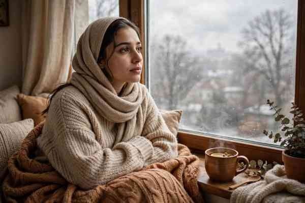 فتاة تشعر بالاكتئاب في الشتاء تجلس حزينة بجانب النافذة في يوم شتوي غائم